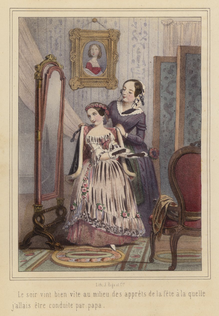 Une fille se préparant à aller à une fête (lithographie couleur) - French School