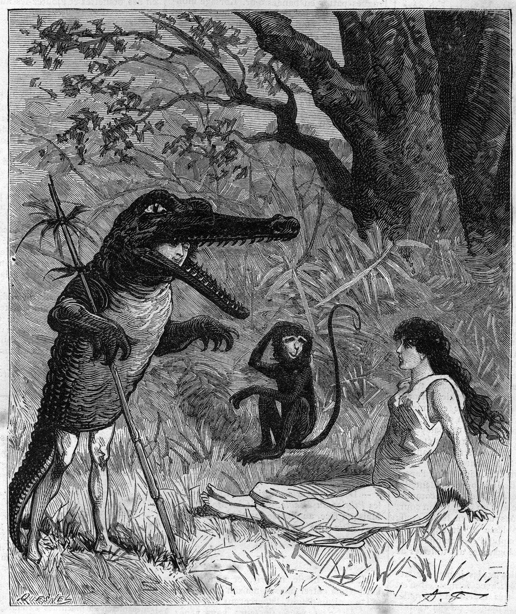 Un homme en peau de crocodile parle avec une jeune femme évanouie sous le regard d