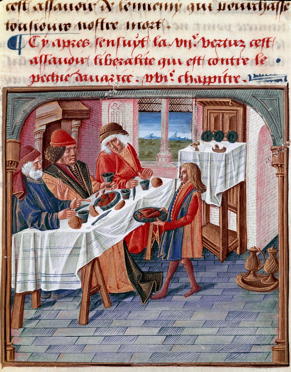Un homme partage sa table avec un pauvre dans le besoin Miniature tirée de « Le livre de bonnes mœurs de Jacques Legrand » 1490 Chantilly, Musée Condé - French School