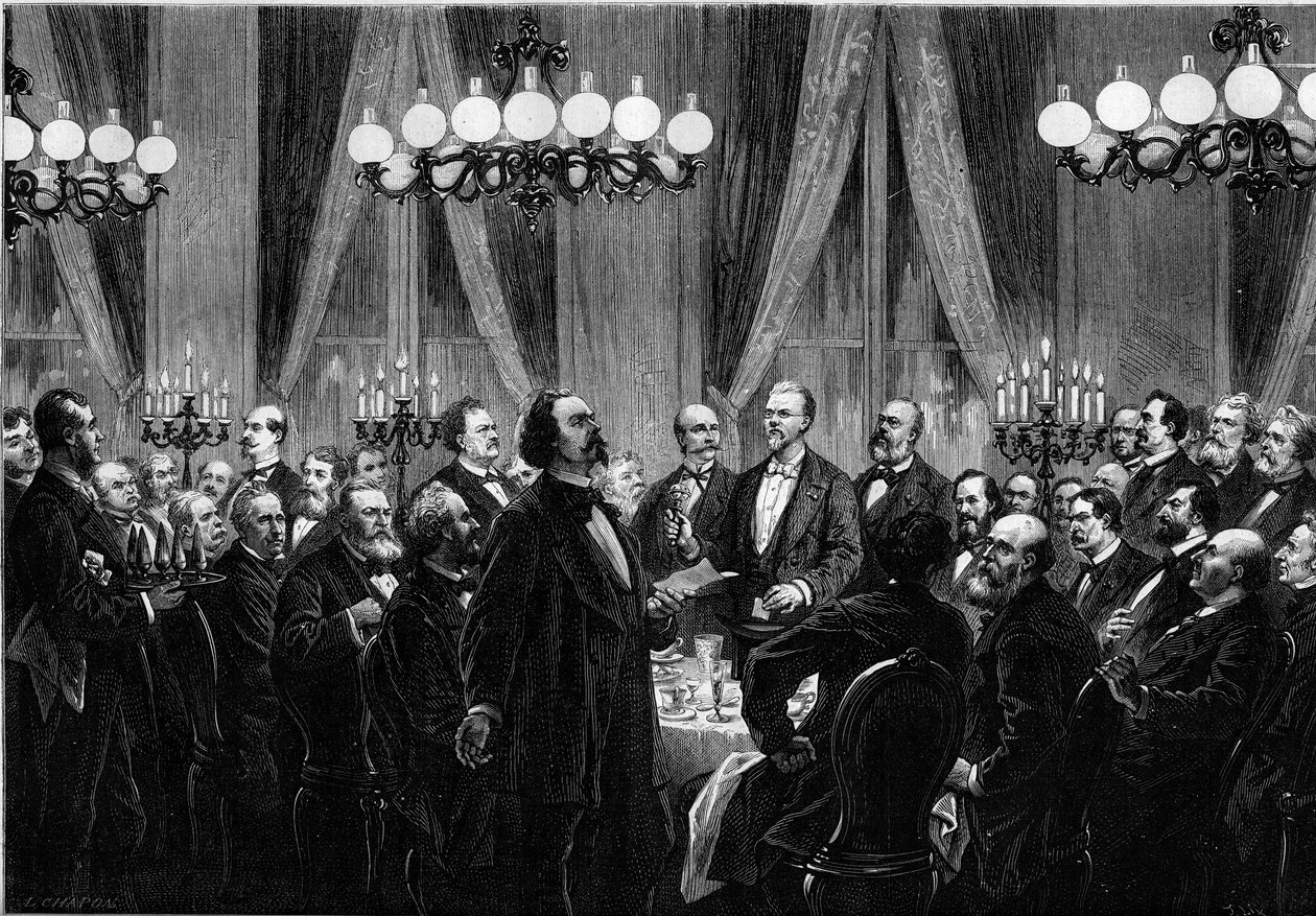 Réunion de la « Société du Caveau » en 1879, où des personnalités de la scène se réunissent pour un dîner chantant où chacun compose des chansons. Le chanteur Duprez, Clairville (Louis François Nicolaie) - French School