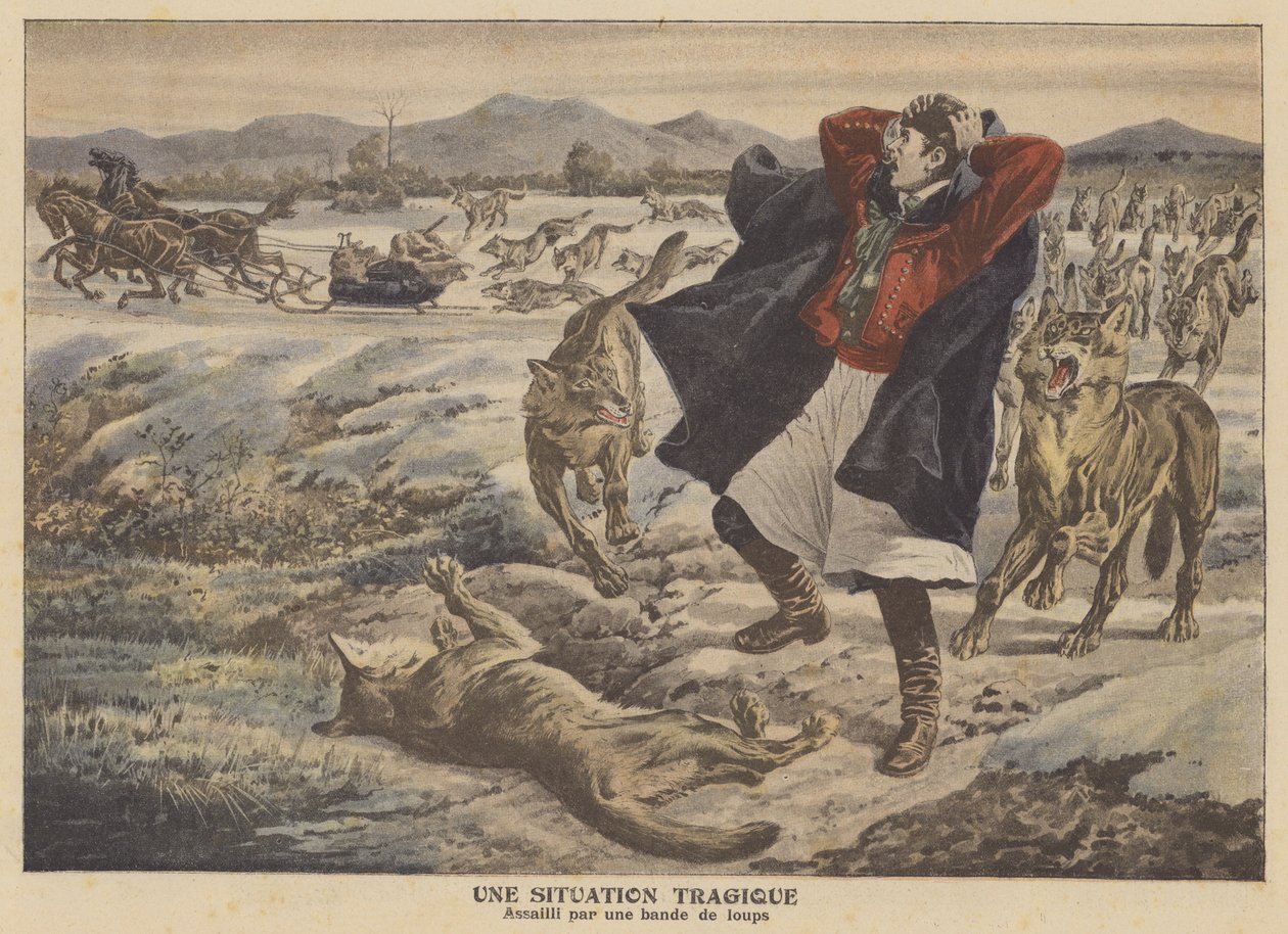 Un marchand attaqué par une meute de loups en Transylvanie (lithographie couleur) - French School