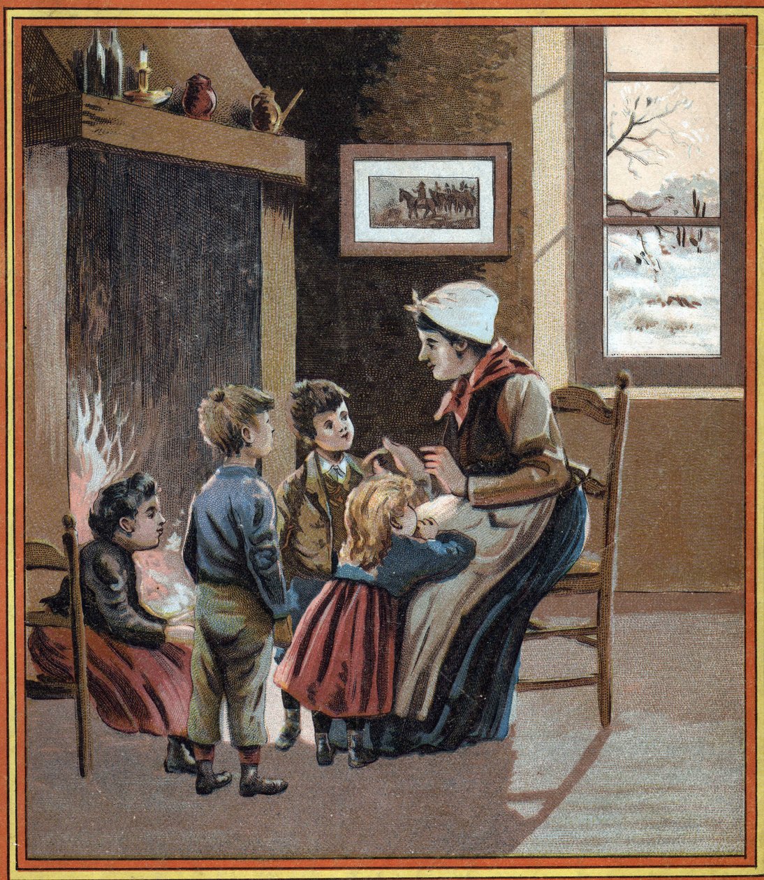 Une mère raconte des histoires à ses enfants près du feu. Couverture du livre « Les contes du foyer pour les petits ». Gravure anonyme du 19ème siècle. - French School