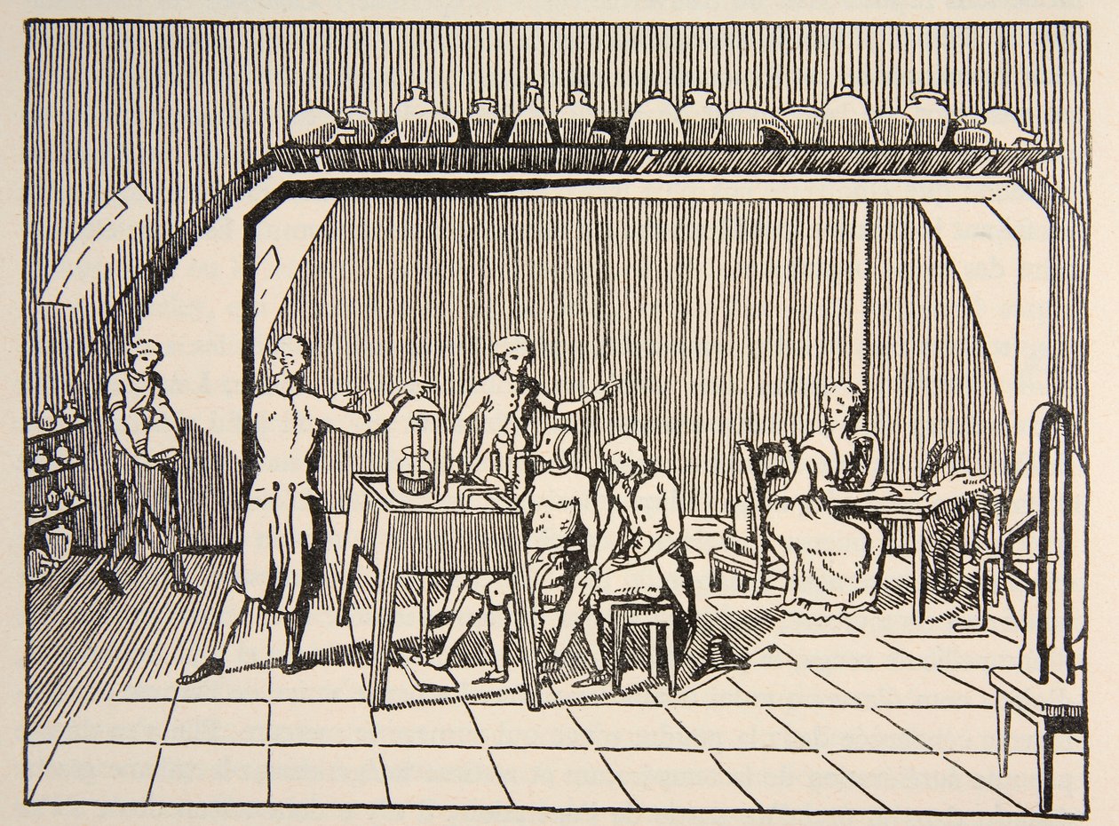 Expérience de respiration dans le laboratoire de Lavoisier, copie par Boris Mestchersky, illustration de Histoire de la Nation Française, Sciences, Volumes I & II, par Gabriel Hanotaux - French School
