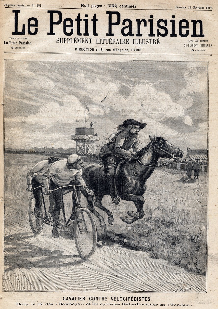Un cavalier courait contre des vélocipédistes : William Frederic Cody (1846-1917), dit Buffalo Bill, connu comme le roi des cowboys et les cyclistes Gaby et Fournier en tandem. Dans le journal "Le Petit Parisien" le 26/11/1893 (gravure) - French School
