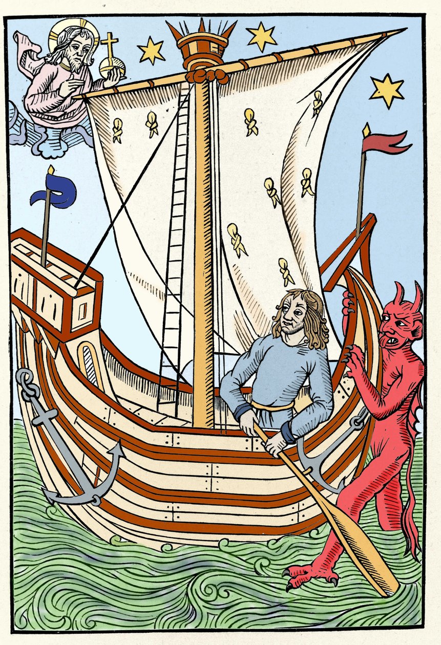 Un navire parmi les dangers de la mer. Un démon saisit la proue tandis que Dieu se manifeste à gauche. Gravure de "Le Grand Calendrier et Compost des Bergers", Troyes 1491 - French School