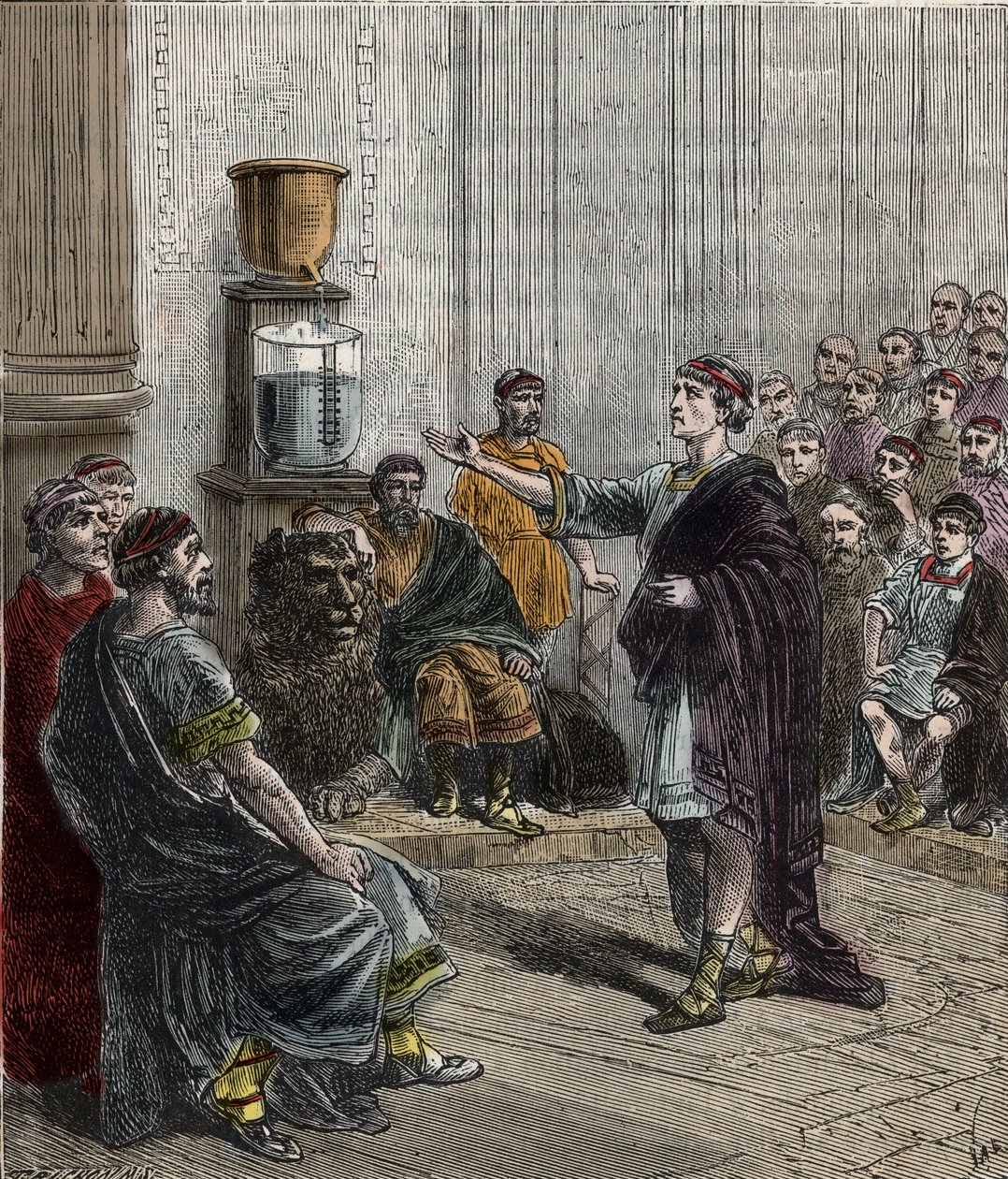 Une horloge à eau ou clepsydre à Athènes - Grèce antique - la clepsydre à Athènes - Gravure dans « Sciences à la portée de tous - Physique et chimie populaires » par Alexis Clerc - Fin XIXe siècle - Collection privée - French School