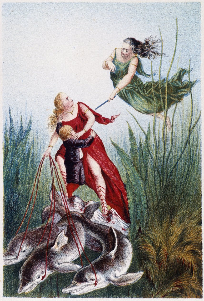 Une femme attaquant une autre femme et un garçon mené par des dauphins - dans « Voyage au fond de la mer » par H. de la Blanchère. Paris, éd. Jouvet et Cie, sd. 1880. (double 02947) - French School