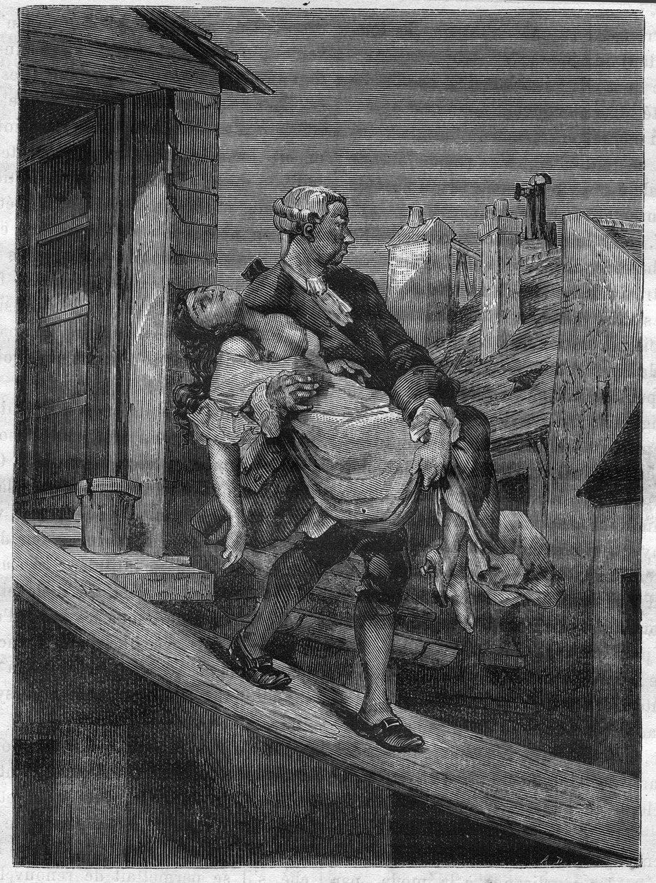 Une jeune fille est emmenée pour les plaisirs du roi Louis XV au Parc aux Cerfs. Gravure dans « L