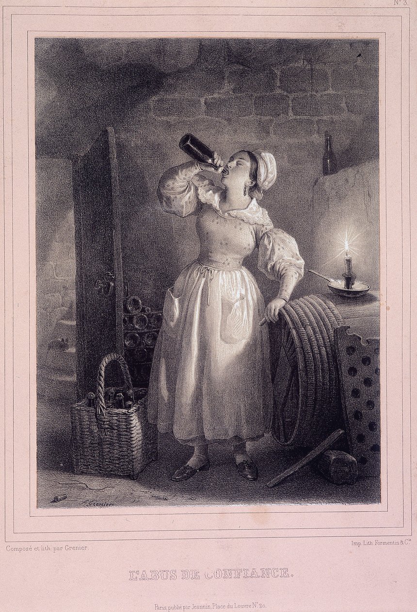 Abus de confiance (domestique buvant du vin dans la cave) - French School