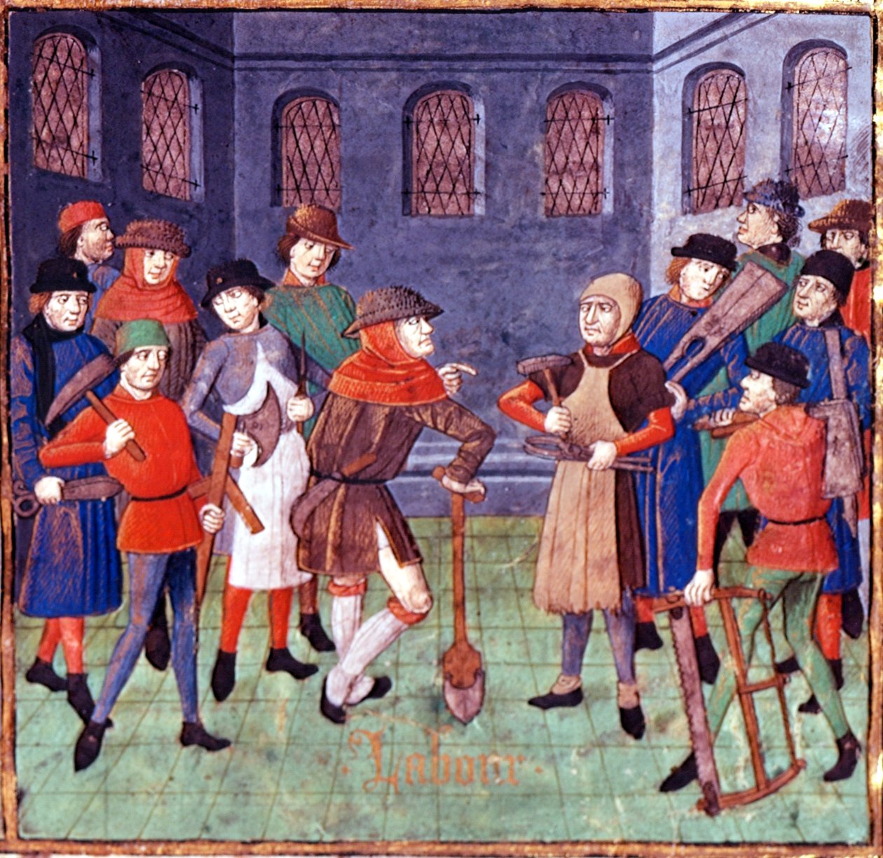 Ouvriers avec des outils, détail du prologue dédicatoire au Duc de Berry dans 