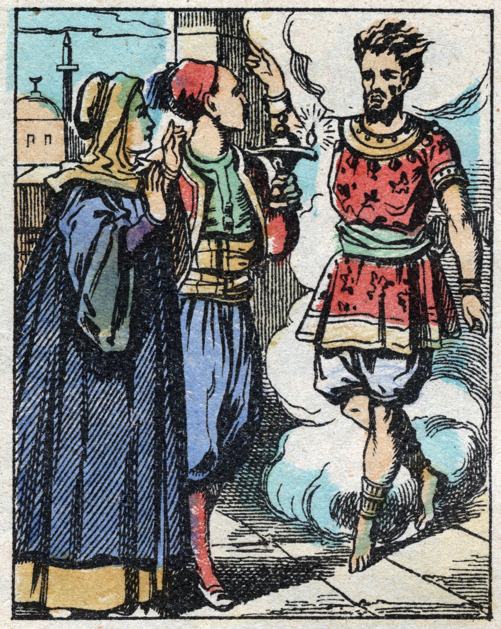 Aladin et sa mère frottent la lampe magique et font apparaître le génie. Gravure du conte des Mille et Une Nuits « Aladin et la Lampe Merveilleuse ». Imagerie d