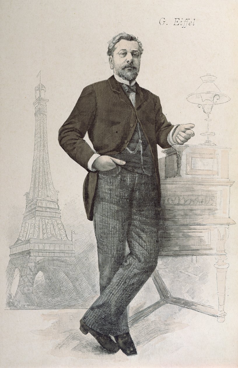 Alexandre Gustave Eiffel posant à son bureau avec un dessin de la Tour Eiffel, illustration de La Revue Illustrée, 1888 - French School
