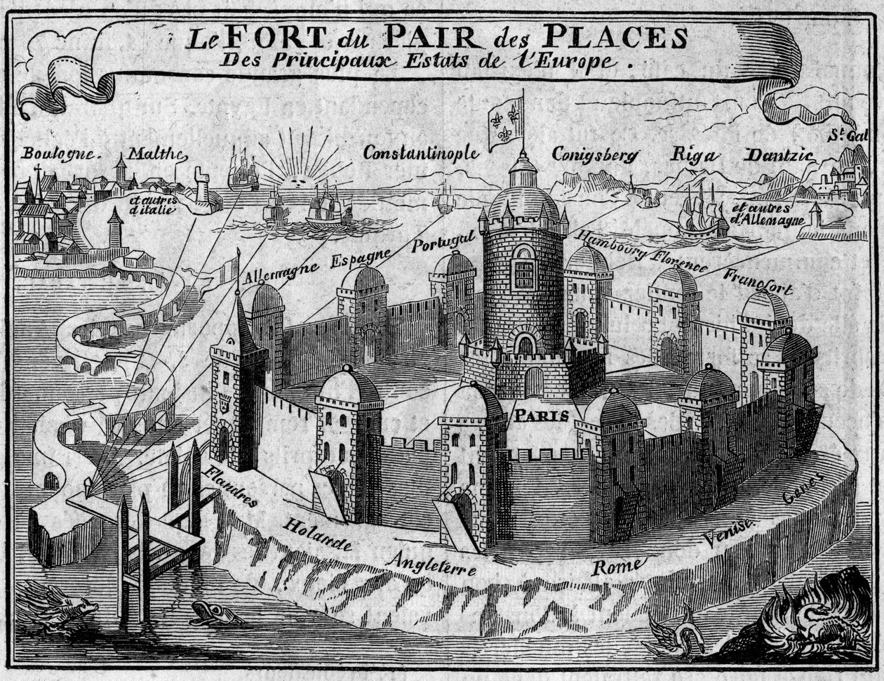 Allégorie des relations entre les principales villes commerçantes du monde : Paris est une forteresse protégée par des remparts, chacun représentant un pays ou une capitale d