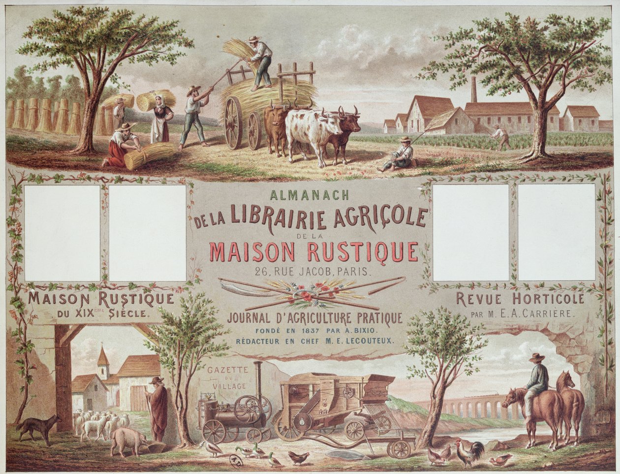 Almanach illustrant les méthodes agricoles traditionnelles et modernes, vers 1870-80 - French School