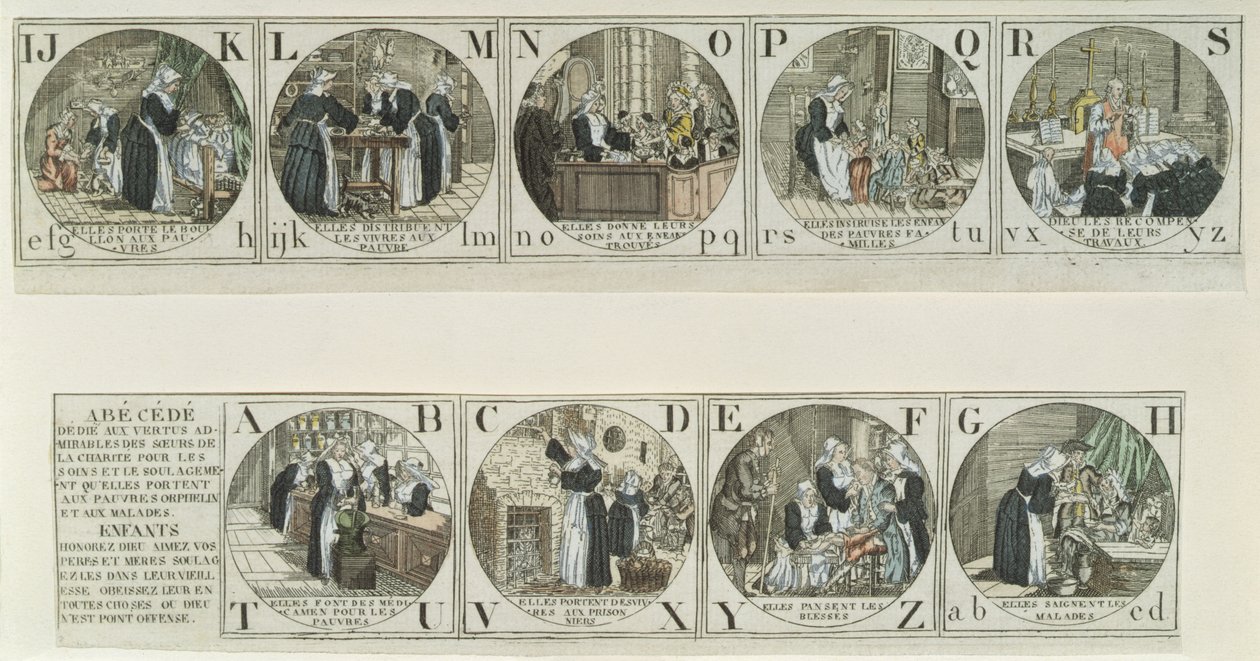 Abécédaire représentant le travail des Sœurs de la Charité, début du XIXe siècle (gravure en couleur) - French School