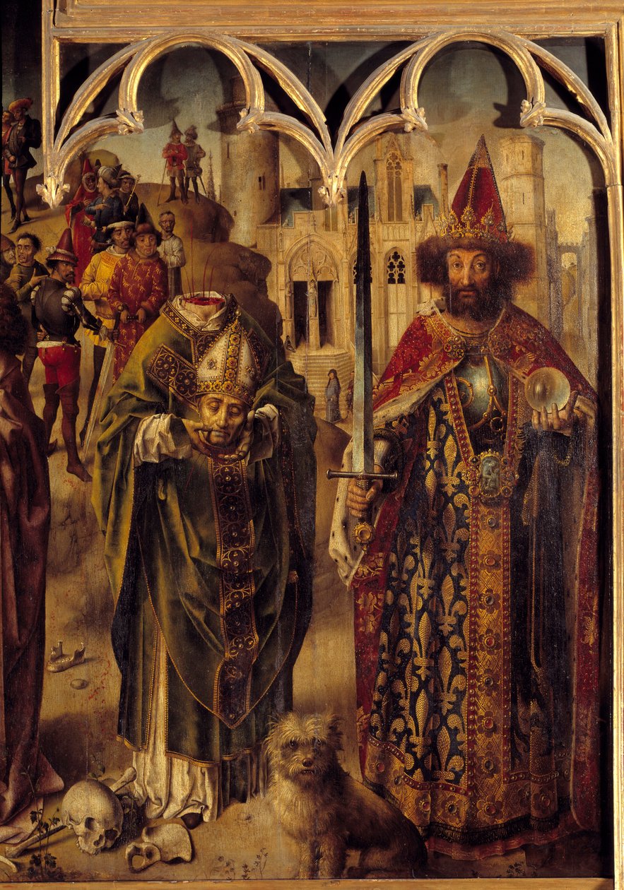 Retable du Parlement de Paris : détail de la partie droite représentant le martyr chrétien Saint Denis de Paris (3ème siècle) décapité tenant sa tête dans ses mains, à côté de lui l