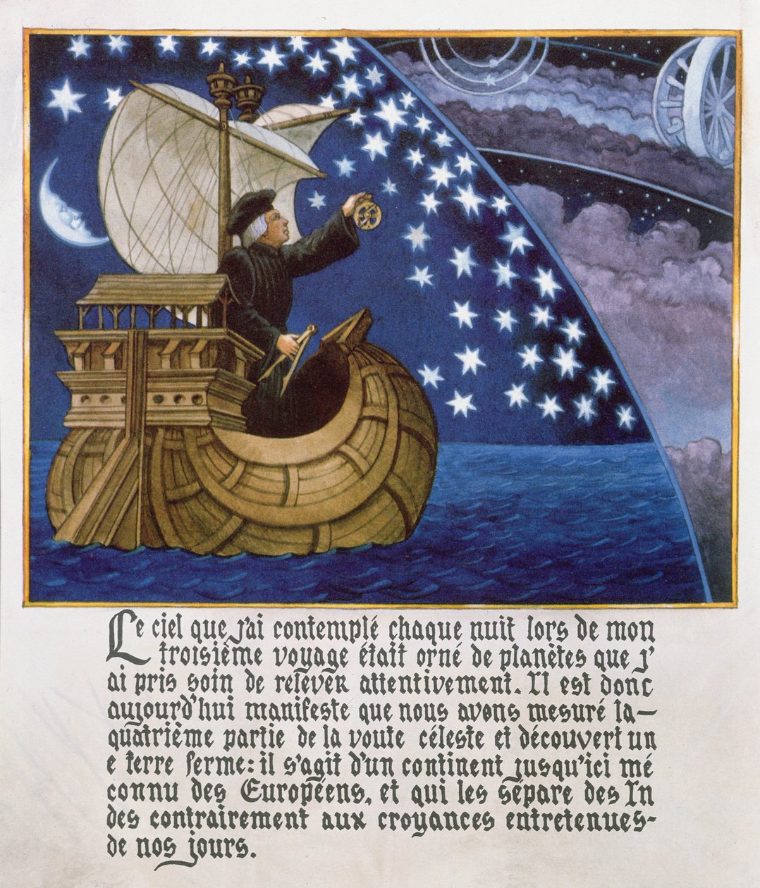 Amerigo Vespucci naviguant par les étoiles lors de son 3e voyage - French School