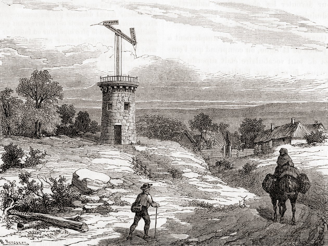 Un poteau de télégraphe aérien au 18ème siècle, des Merveilles de la Science, publié vers 1870 (gravure) - French School