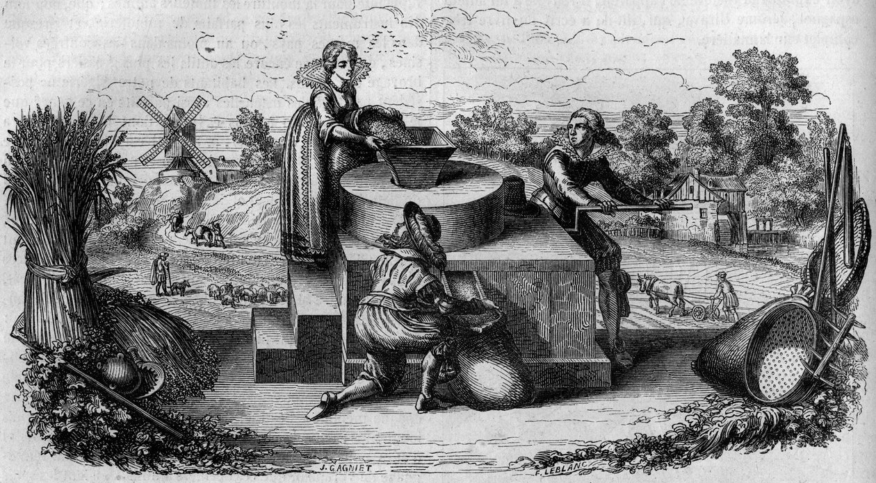 Un moulin à bras au XVIIe siècle en Allemagne. Gravure dans "Le Magasin pittoresque" - French School