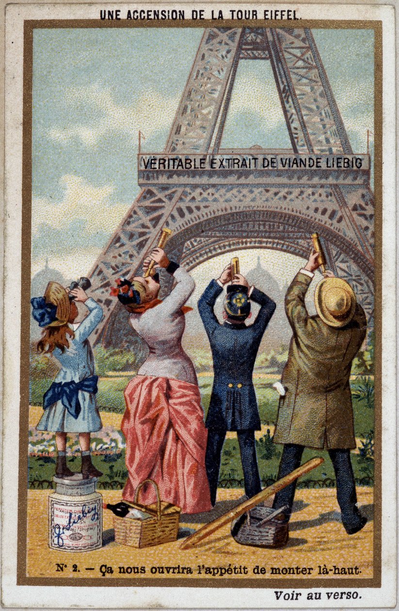 Une ascension de la Tour Eiffel : on peut voir la hauteur de la tour à la longue vue - chromo. Liebig, début 20e siècle - French School