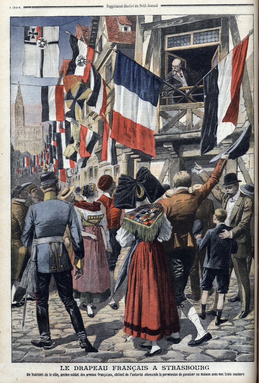 Un vieux soldat français dans Strasbourg occupé par les Allemands est autorisé à afficher le drapeau français - « Le Petit Journal » du 20 septembre 1908 (gravure) - French School
