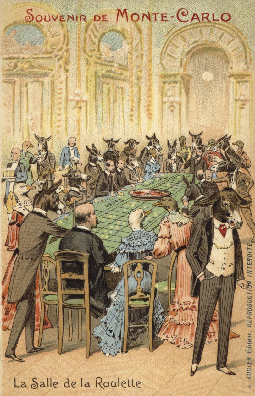 Illustration anthropomorphique des folies du Casino de Monte-Carlo (lithographie couleur) - French School