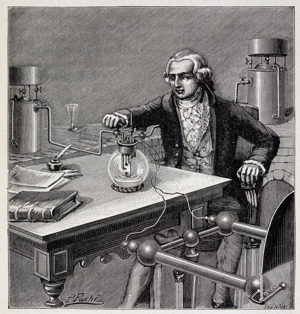 Antoine Laurent de Lavoisier (1743-1794) menant une expérience - dans « Physique populaire » par Émile Desbeaux - French School