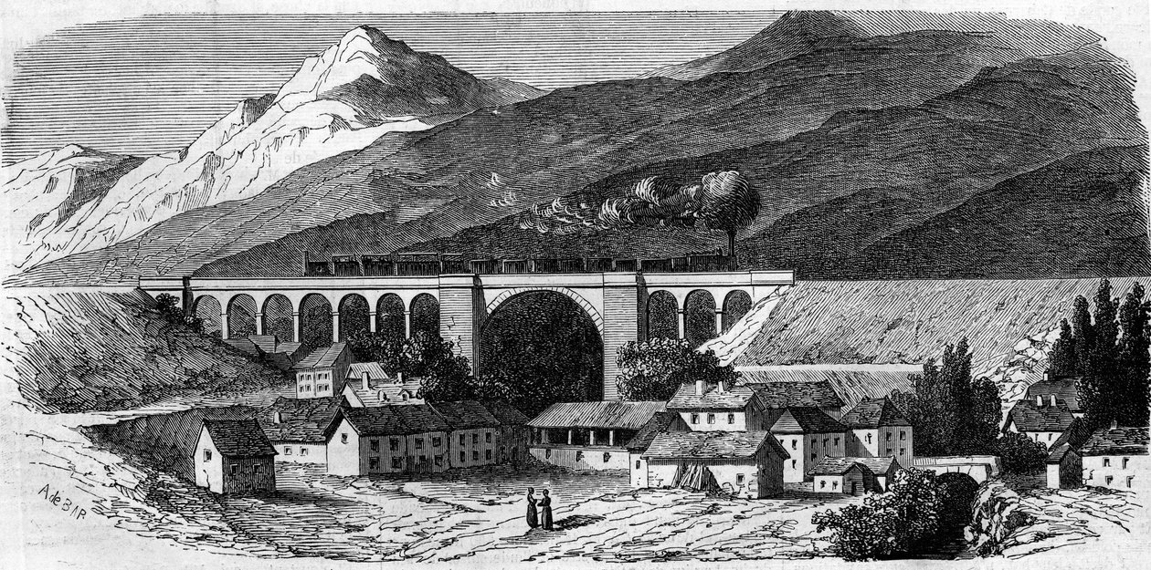 Architecture : vue du viaduc de Bellegarde (Rhône-Alpes) sur la ligne de chemin de fer reliant Lyon à Genève. 1858. Gravure dans « Le Monde Illustré » n°49 du 20 mars 1858. - French School