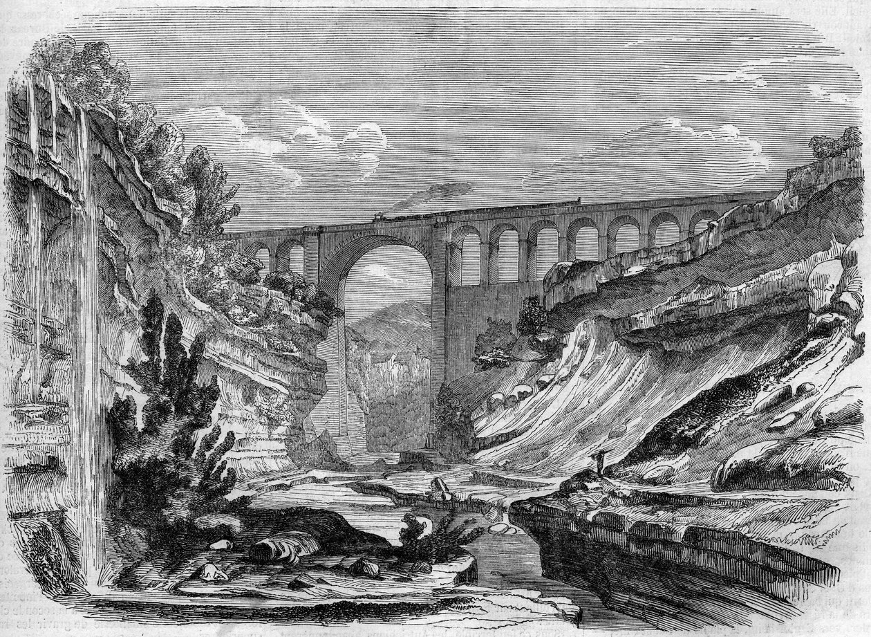 Architecture : vue du viaduc de la Valserine (Rhône-Alpes) sur la ligne de chemin de fer reliant Lyon à Genève. 1858. Gravure dans « Le Monde Illustré » n°48 du 13 mars 1858 - French School