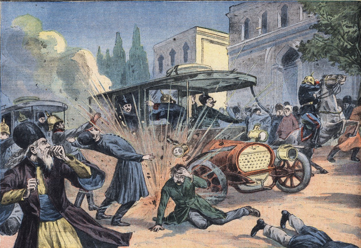 Attaque contre le Shah de Perse Mohammad Ali Shah Qajar (1872-1925). Gravure du journal "Le Petit Parisien" - French School