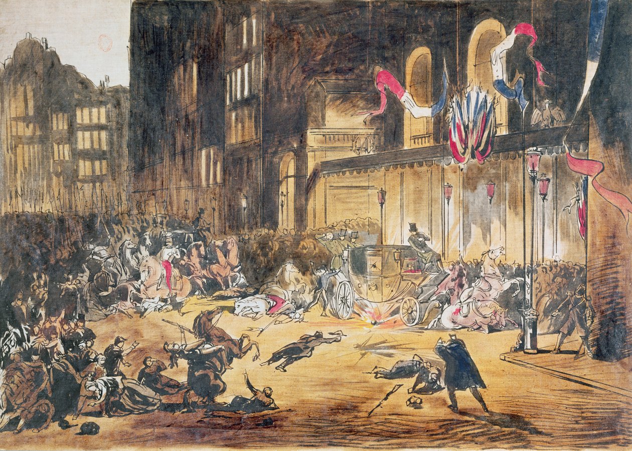 Attentat contre la vie de Napoléon III et de sa femme Eugénie par Felice Orsini et trois complices le 4 janvier 1858 à Paris - French School