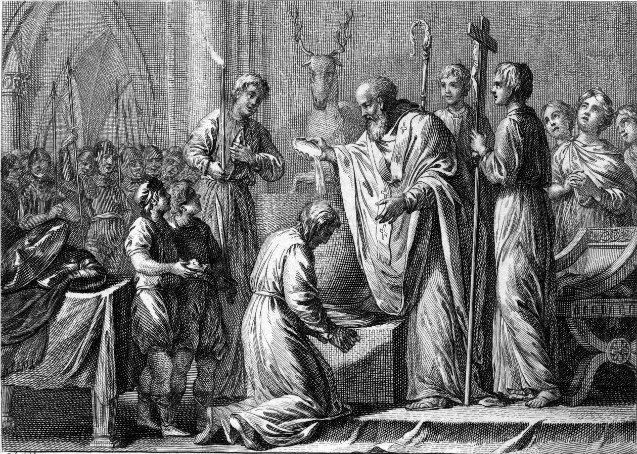 Baptême de Clovis Ier, 25 décembre 496 : le roi des Francs (466-511) est baptisé par Saint Rémi (437-533), évêque de Reims, dans l