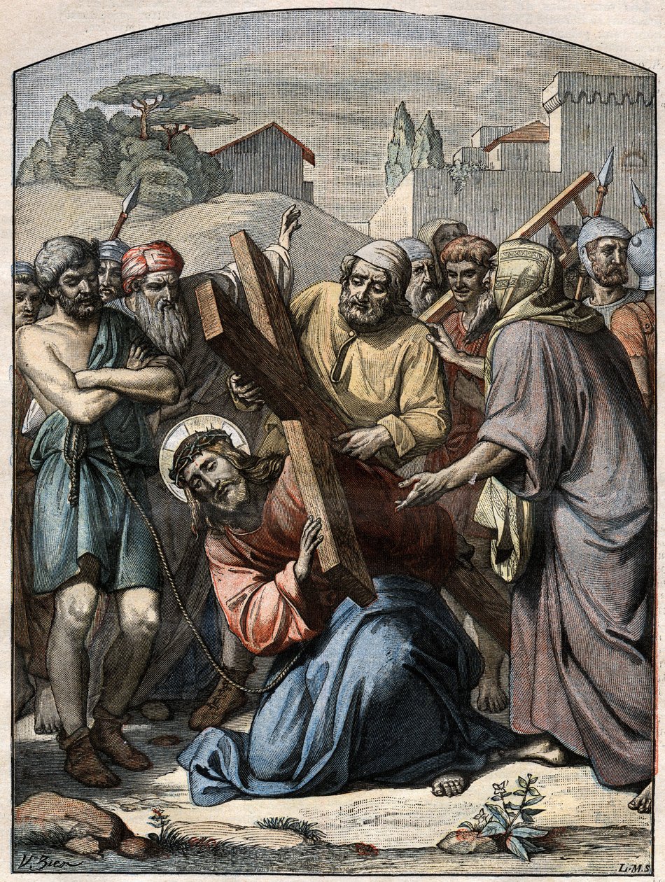 Scène biblique - Chemin de croix : Jésus aidé par Simon de Cyrène. Gravure dans "Le Pèlerin" du 13 septembre 1896 - French School