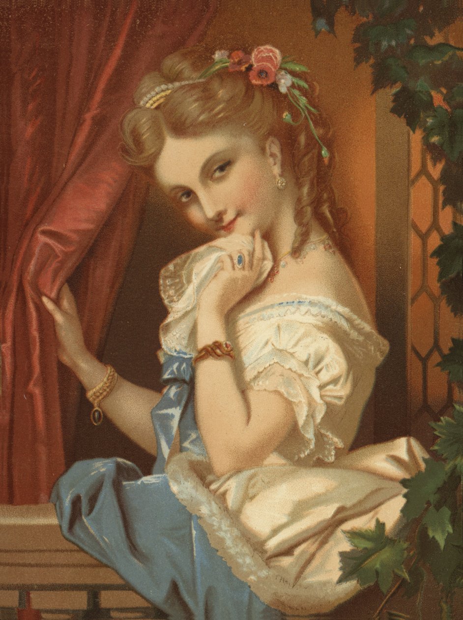 Fille blonde au sourire séducteur (chromolitho) - French School