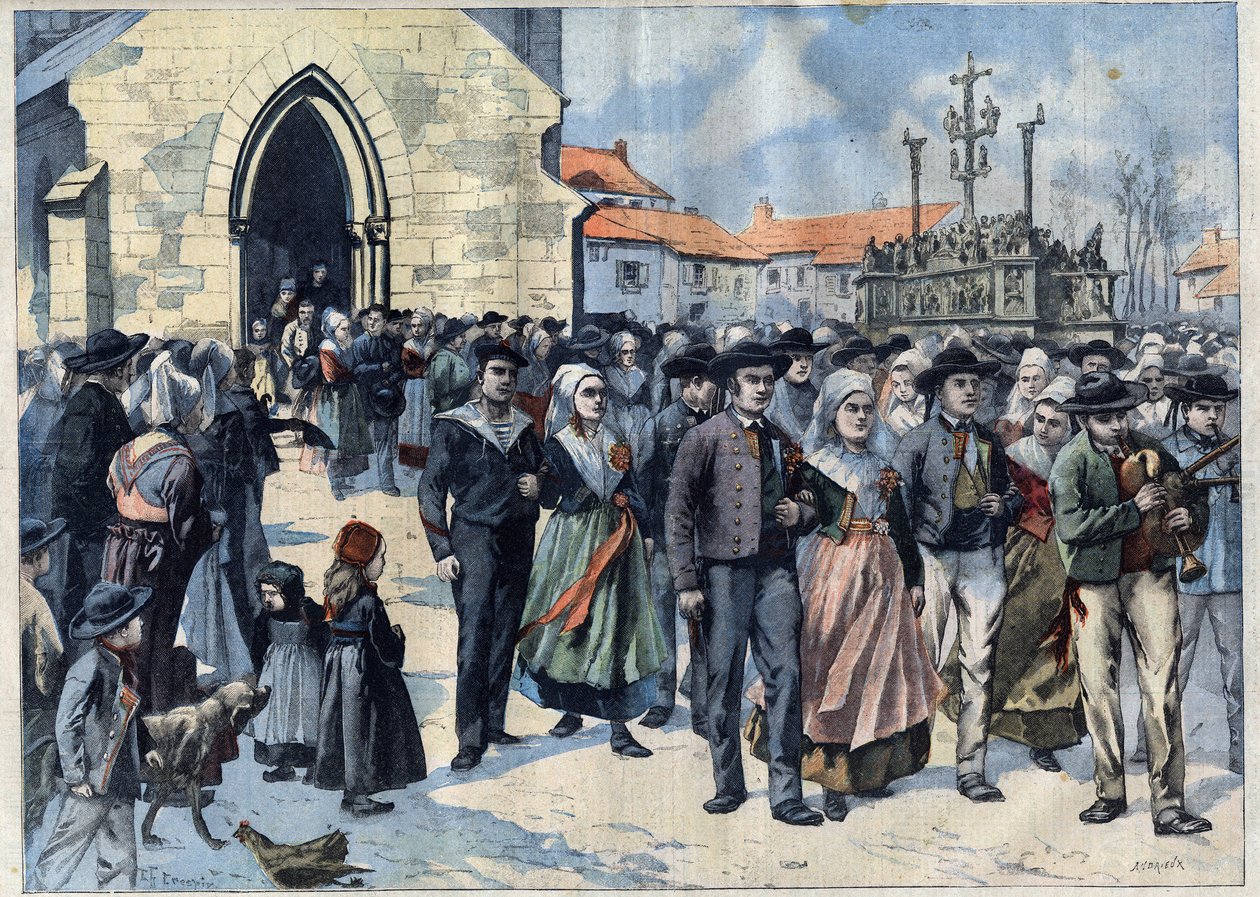 Coutume bretonne : Mariage traditionnel à Plougastel (Finistère, Bretagne). Les mariés quittent l