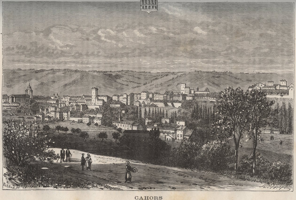 Cahors - Lot - Midi-Pyrénées - gravure dans « La France illustrée : géographie, histoire, administration statistique » par V.A. Malt-Brown. 1884 - French School