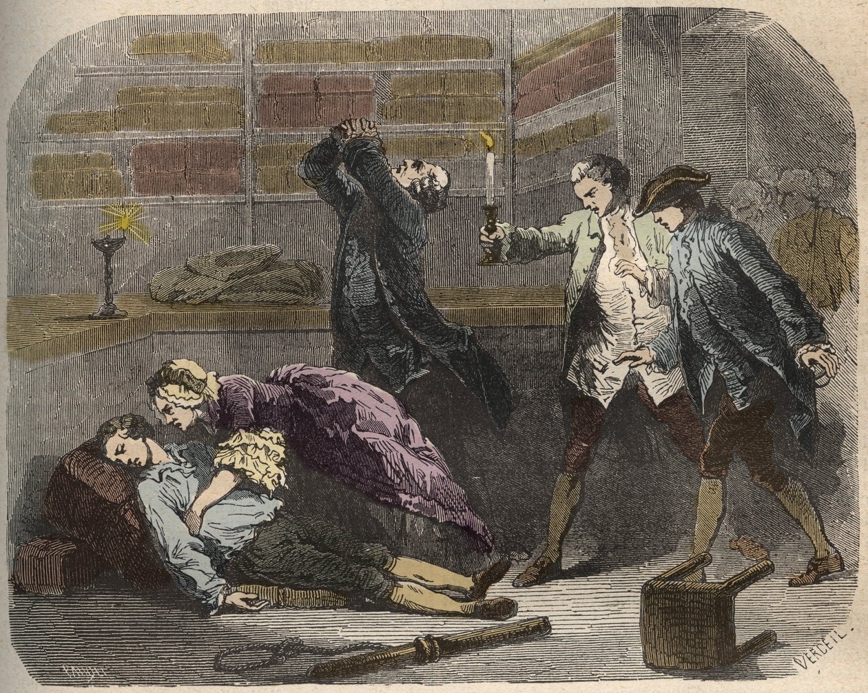 Affaire Calas : le 13 octobre 1761, Marc Antoine Calas trouvé mort dans la boutique familiale à Toulouse - Gravure dans « Causes célèbres de tous les peuples » par Armand Fouquier (1817-18?) 1858-1867 - collection privée - French School