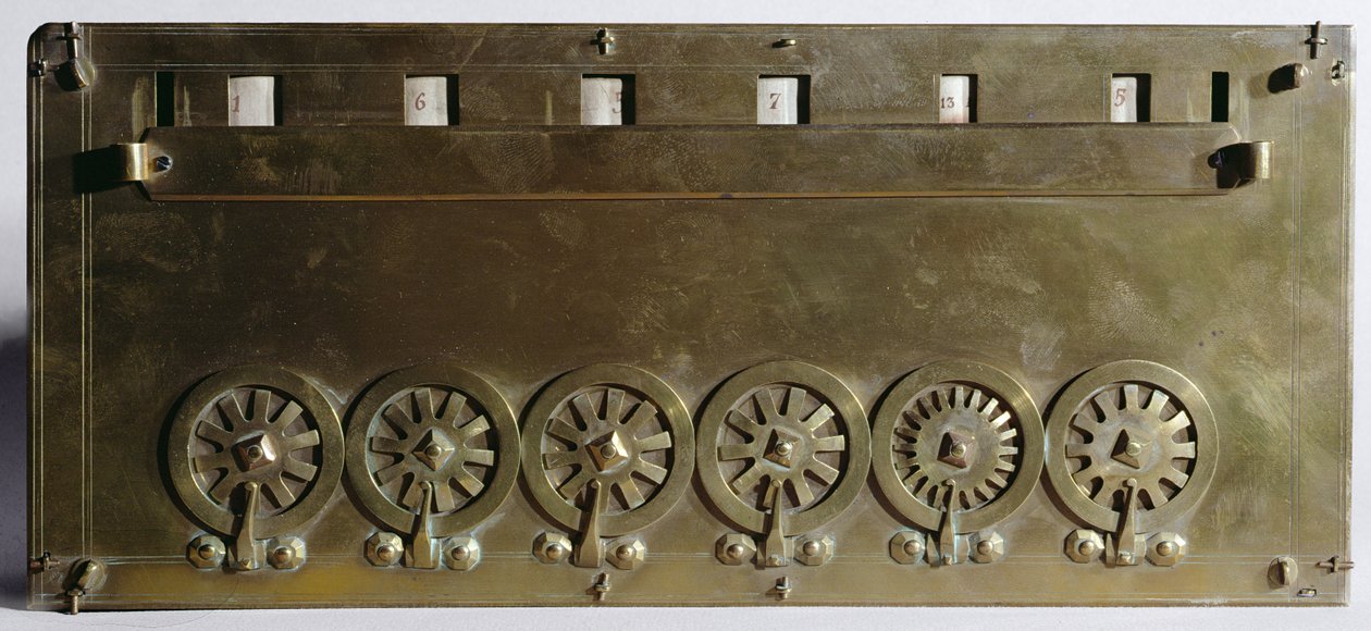 Machine à calculer inventée par Blaise Pascal (1623-63) en 1642 (bois et métal) - French School