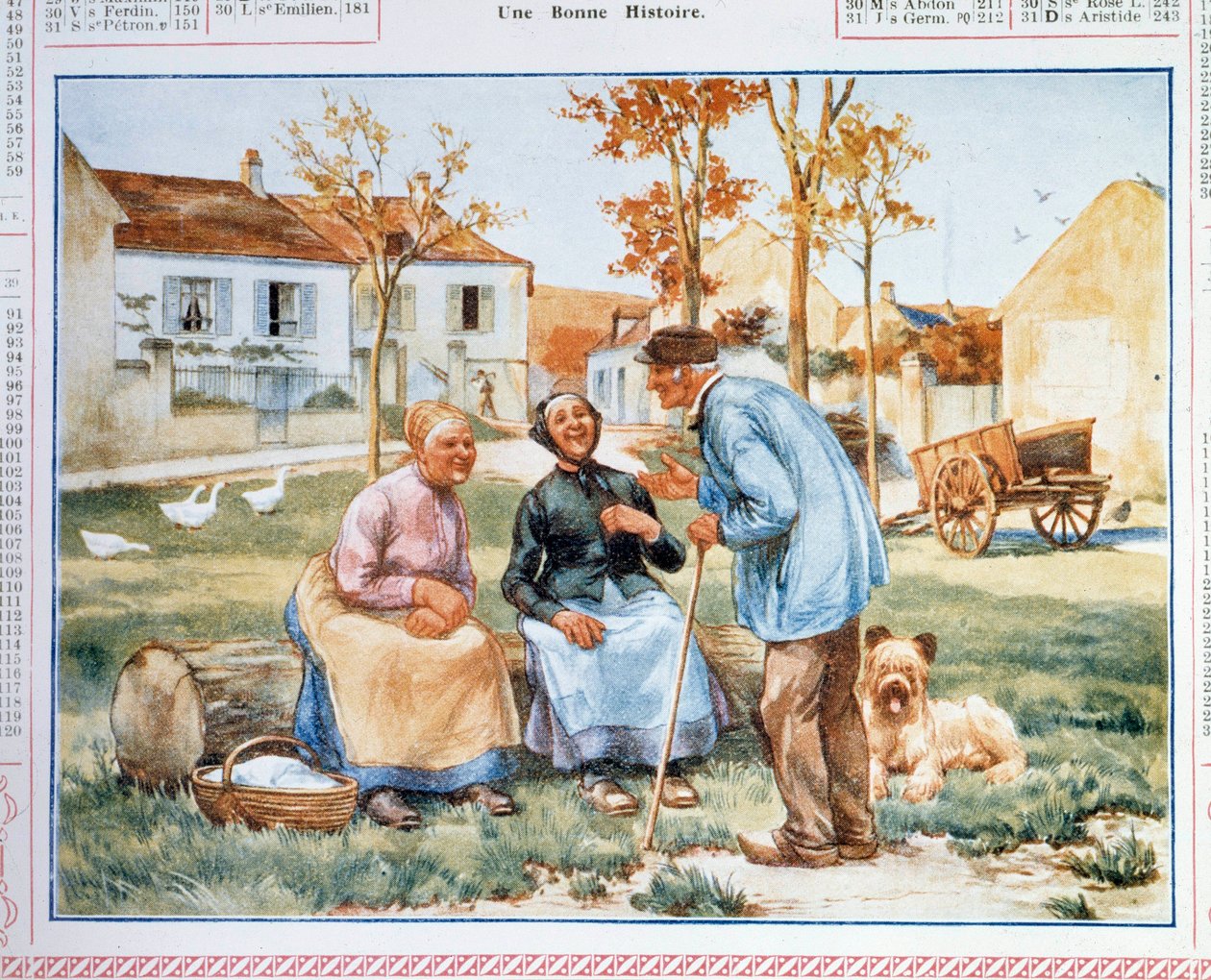 Calendrier des Postes et Télécommunications (PTT) représentant trois paysans discutant. XXe siècle - French School