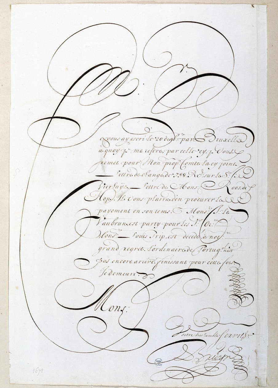Calligraphie : Lettre de comptes calligraphiée vers 1678 par François de Bruyn. Bibliothèque Historique de la Ville de Paris - French School