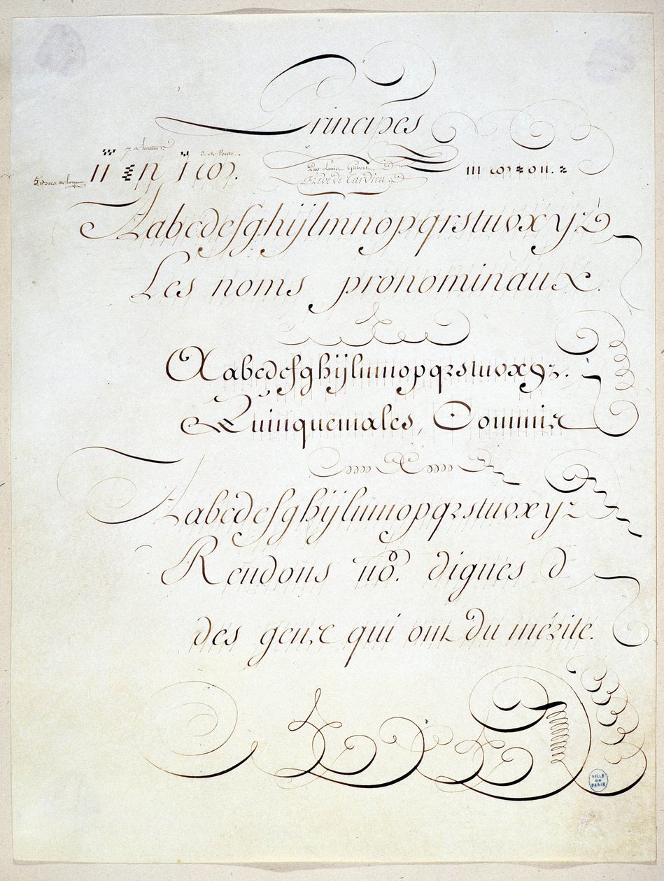 Calligraphie : Pièce manuscrite représentant le principe de trois écritures françaises, vers la fin du XVIIIe siècle par André Tardieu - French School