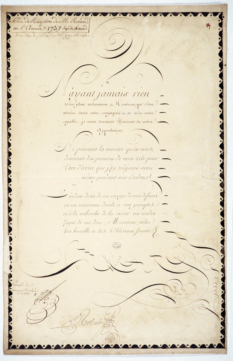 Calligraphie : Pièce de réception datée de 1737 par André François Roland. - French School
