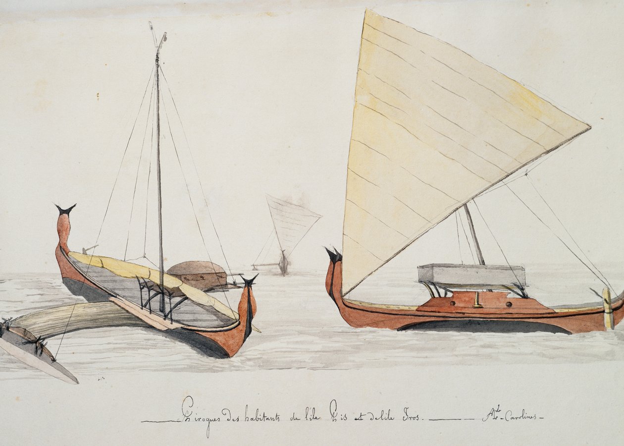 Canoës des habitants des îles Pis et Iros (îles Carolines), aquarelle par Jules-Louis Lejeune, du Voyage de Duperrey - French School