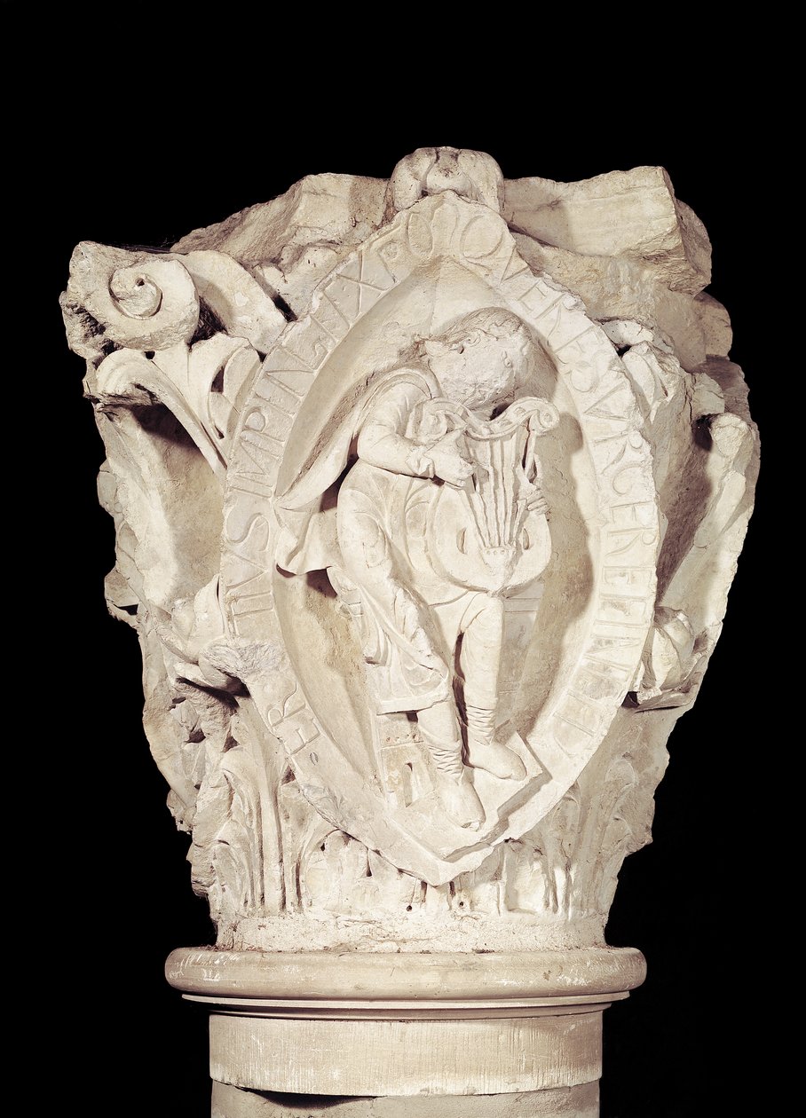 Chapiteau représentant la troisième clé du plain-chant avec un joueur de luth, c.1095 - French School