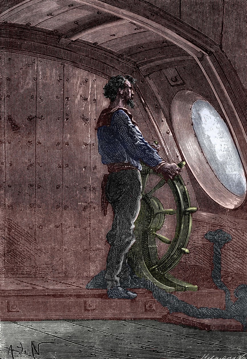 Capitaine Nemo à la barre du Nautilus, tiré de "Vingt mille lieues sous les mers" de Jules Verne. - French School