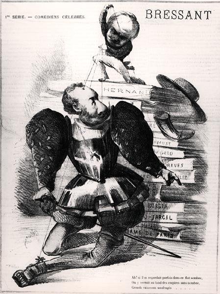 Caricature de Jean Baptiste François Bressant (1815-86) en Don Carlos dans 