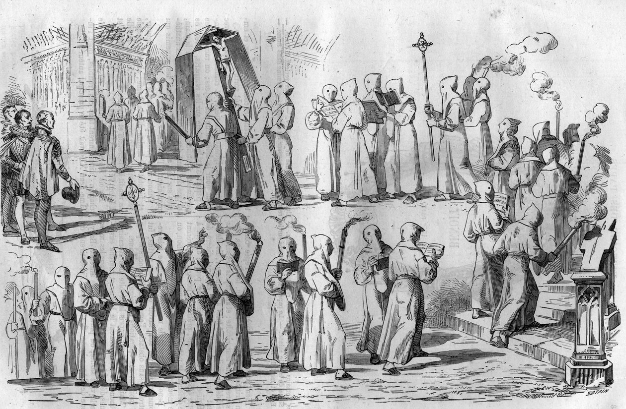 Divertissements et superstitions catholiques. Procession de pénitents lors de l