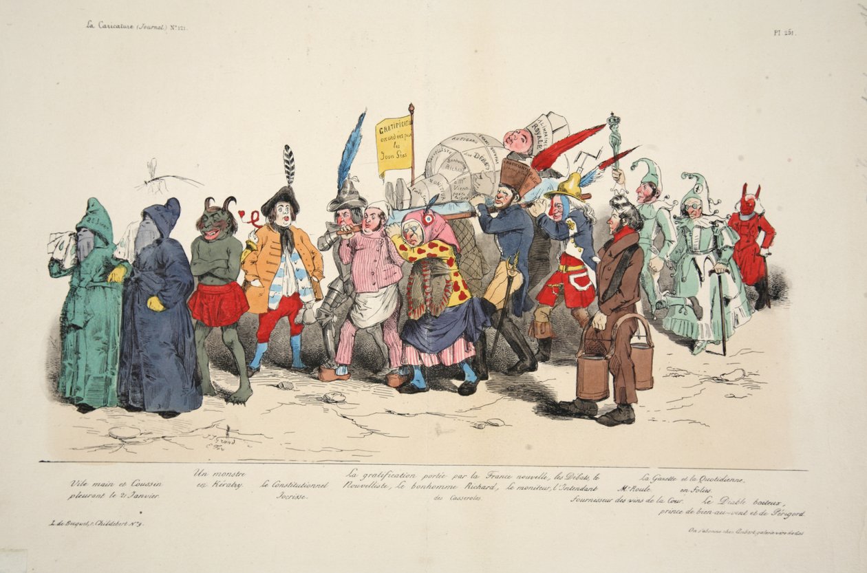 Cérémonie des Cendres Politiques, de La Caricature, pub. 1833 (lithographie colorée à la main) - French School