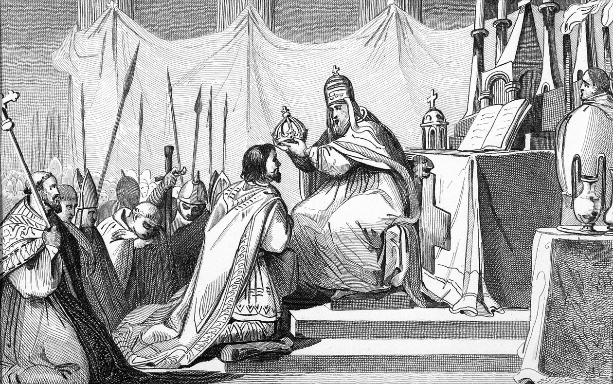 Charlemagne (742-814) couronné par le pape Léon III (vers 750-816) à Saint-Pierre de Rome le 25 décembre 800, de 