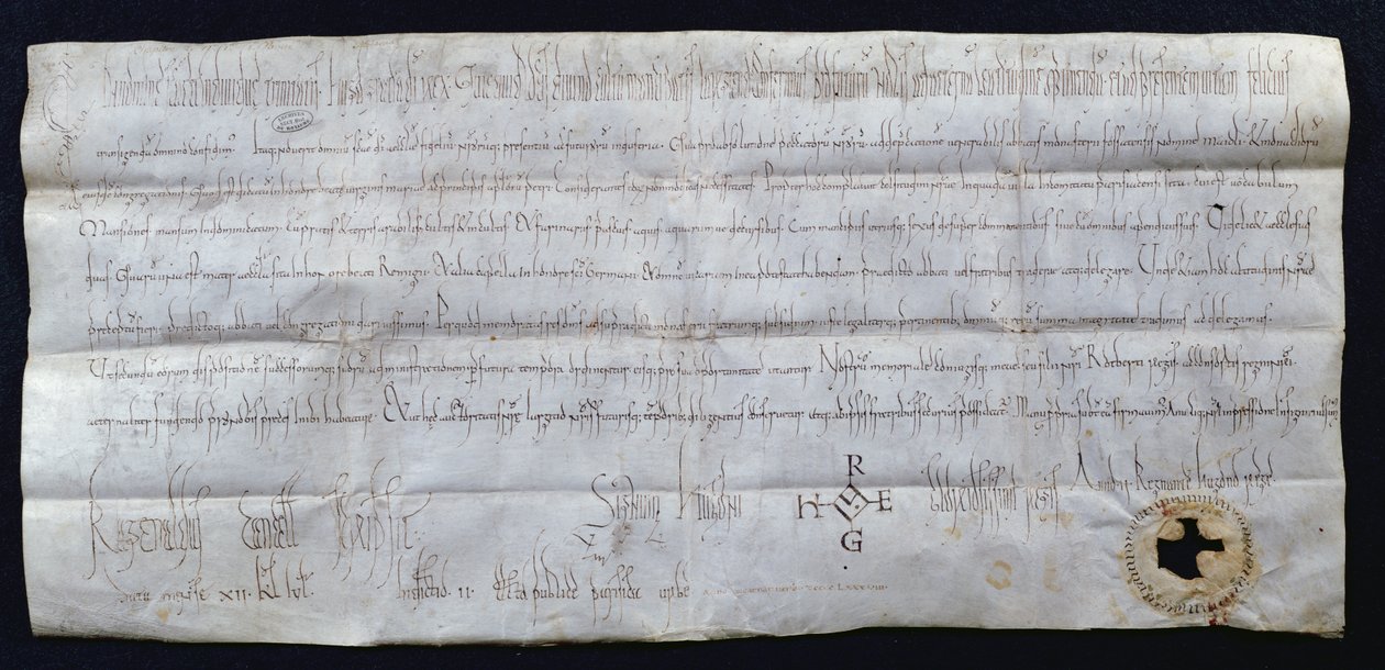 Charte signée par Hugues I Capet (941-996), Roi de France, 988 (plume et encre sur papier) - French School